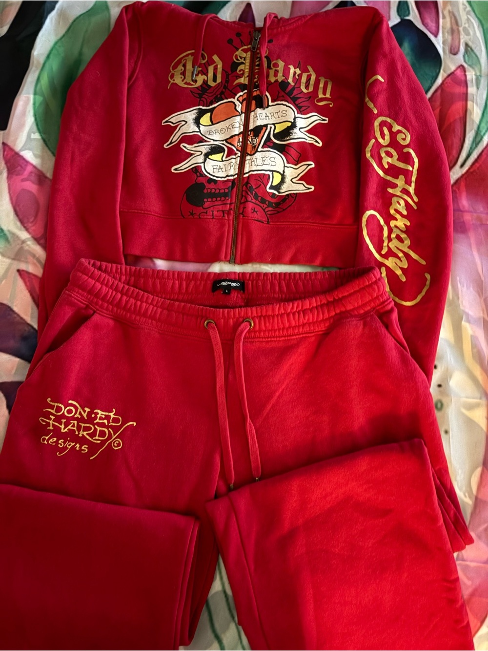 Ed Hardy women’s Red Tracksuit with Gold Script
